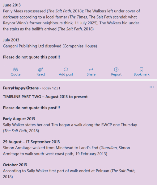 Thread 12: To feel disappointed after reading this in The Observer about the author and her husband from The Salt Path book and film?