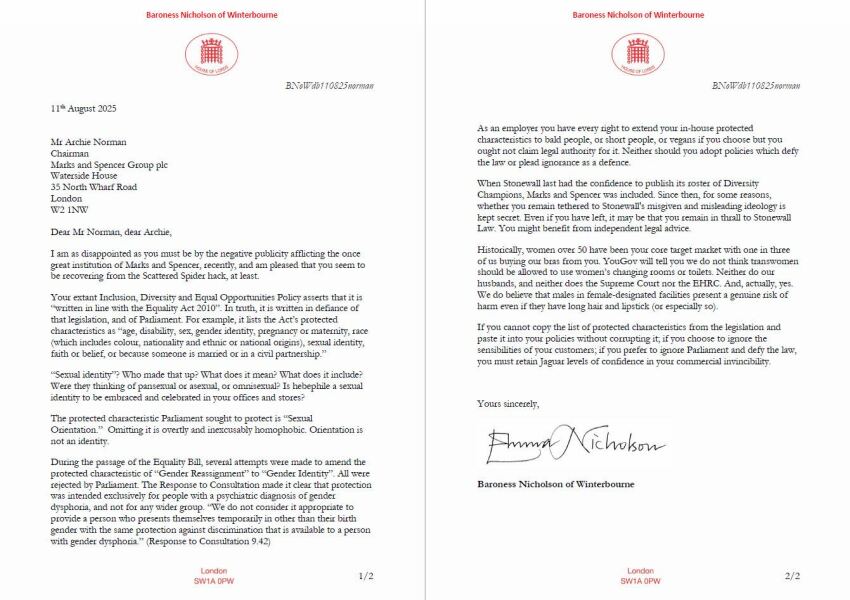 The Baroness writes to M&S