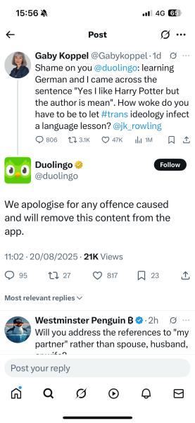 Duolingo: “JKR is mean”
