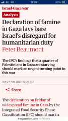 A famine has been declared in Gaza city