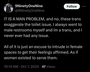 What would you actually do if you saw a transperson in the wrong toilet/changing room for their sex? Thread 2