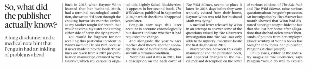 Thread 12: To feel disappointed after reading this in The Observer about the author and her husband from The Salt Path book and film?