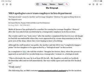 M&S apologises over trans employee in bra department (Telegraph)