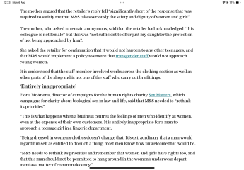 M&S apologises over trans employee in bra department (Telegraph)