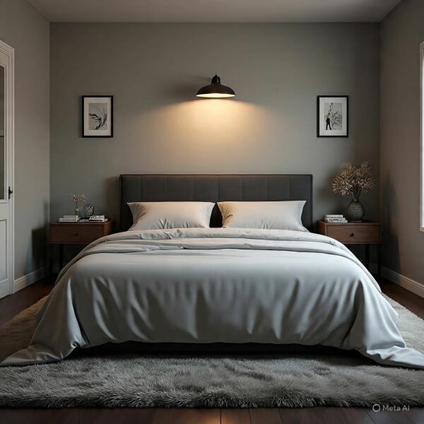 Wall lamp above bed and wall art