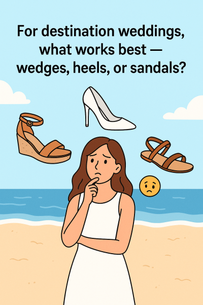For destination weddings, what kind of shoes work best – wedges, heels, or sandals?