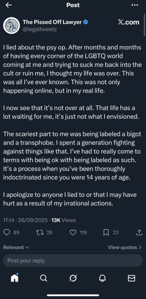 Outspoken TRA 'Legaltweetz' suddenly turns against transactivitism