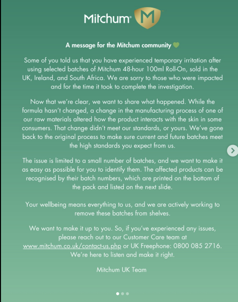 Message from Mitchum regarding skin issues