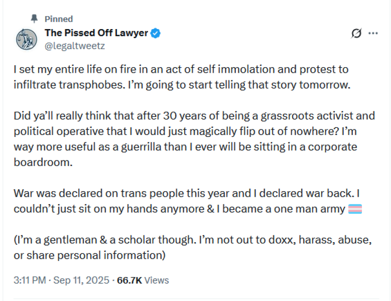 Outspoken TRA 'Legaltweetz' suddenly turns against transactivitism