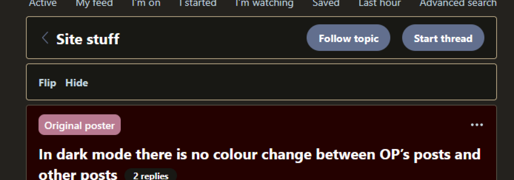 In dark mode there is no colour change between OP’s posts and other posts