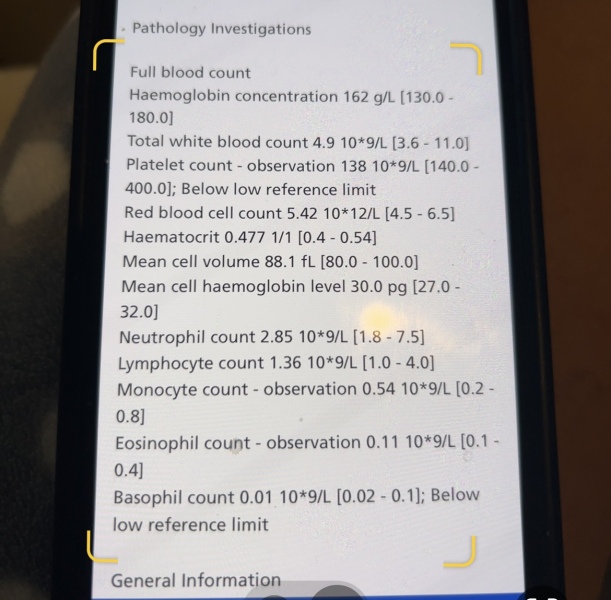 Blood test results - platelet levels