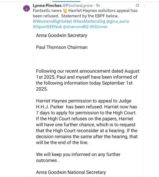 Trans identifying male Harriet Haynes loses court case to play in women's pool