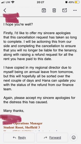 Student Roost - has yr DC had rent and deposit returned yet on now unneeded accommodation?!