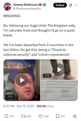 Tommy Robinson deported for being a threat to national security