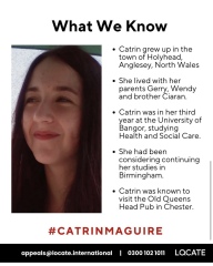 Missing Catrin Maguire from Uni of Bangor