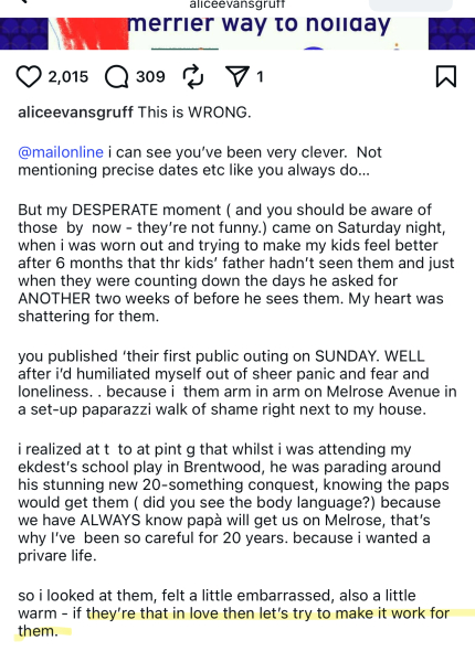 Alice Evans is losing the plot again