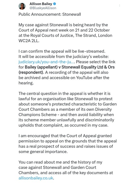 Allison Bailey v Stonewall