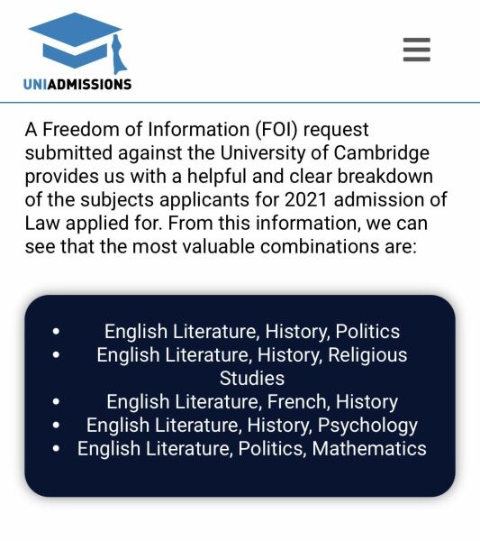 Law degree A Level choices