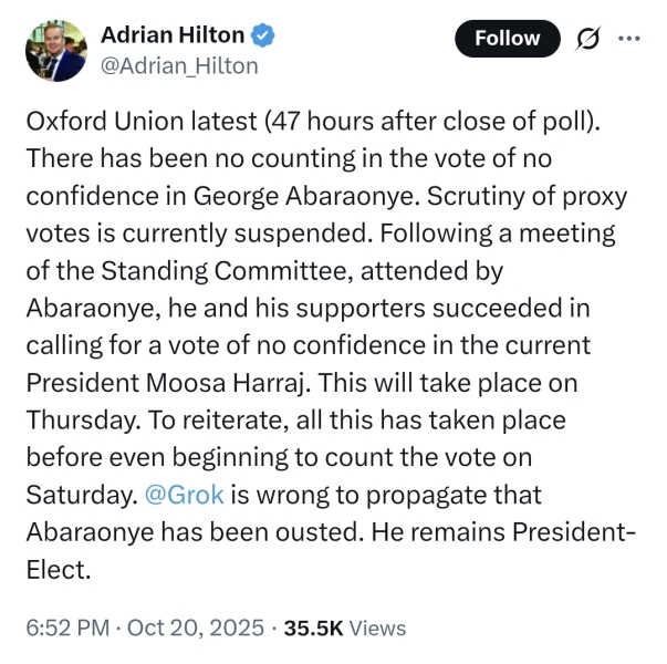 Oxford Union alumni will descend on city to try to oust president-elect