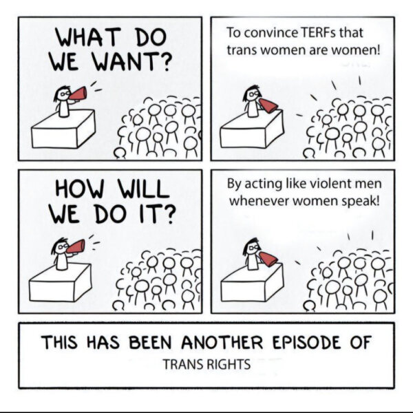 Men in dresses smashed all the windows of the Brighton centre last night because women arranged to meet and discuss their rights