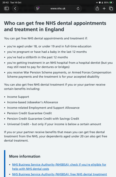 Low income - 16 years old - NHS costs.