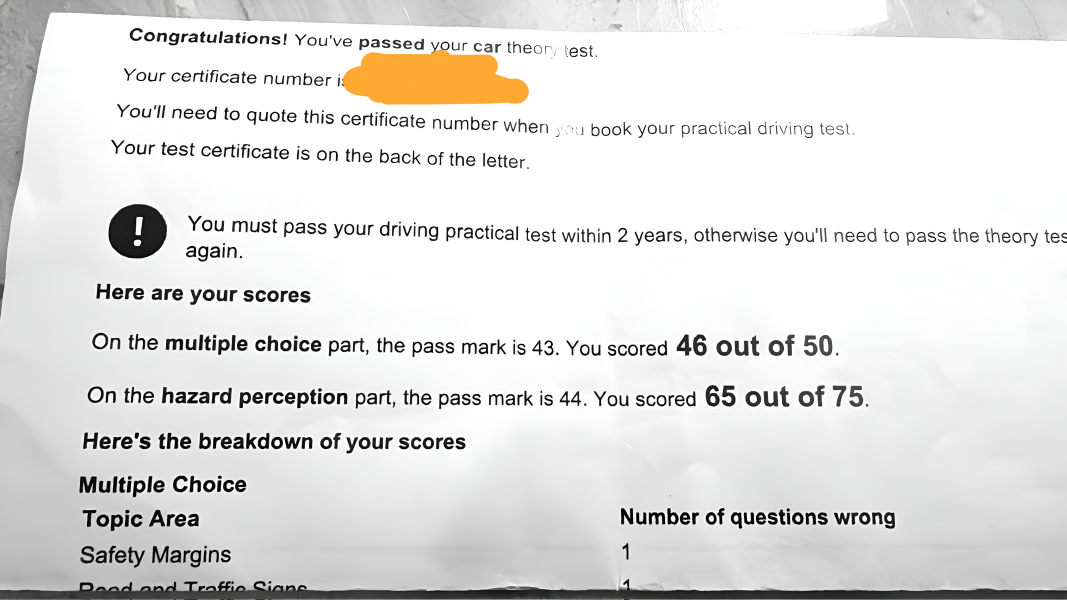 Driving Theory Test Results/Practical lessons/Tests in prgress