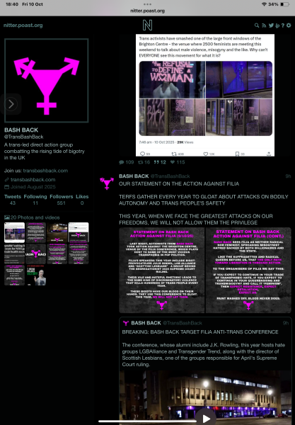 Men in dresses smashed all the windows of the Brighton centre last night because women arranged to meet and discuss their rights