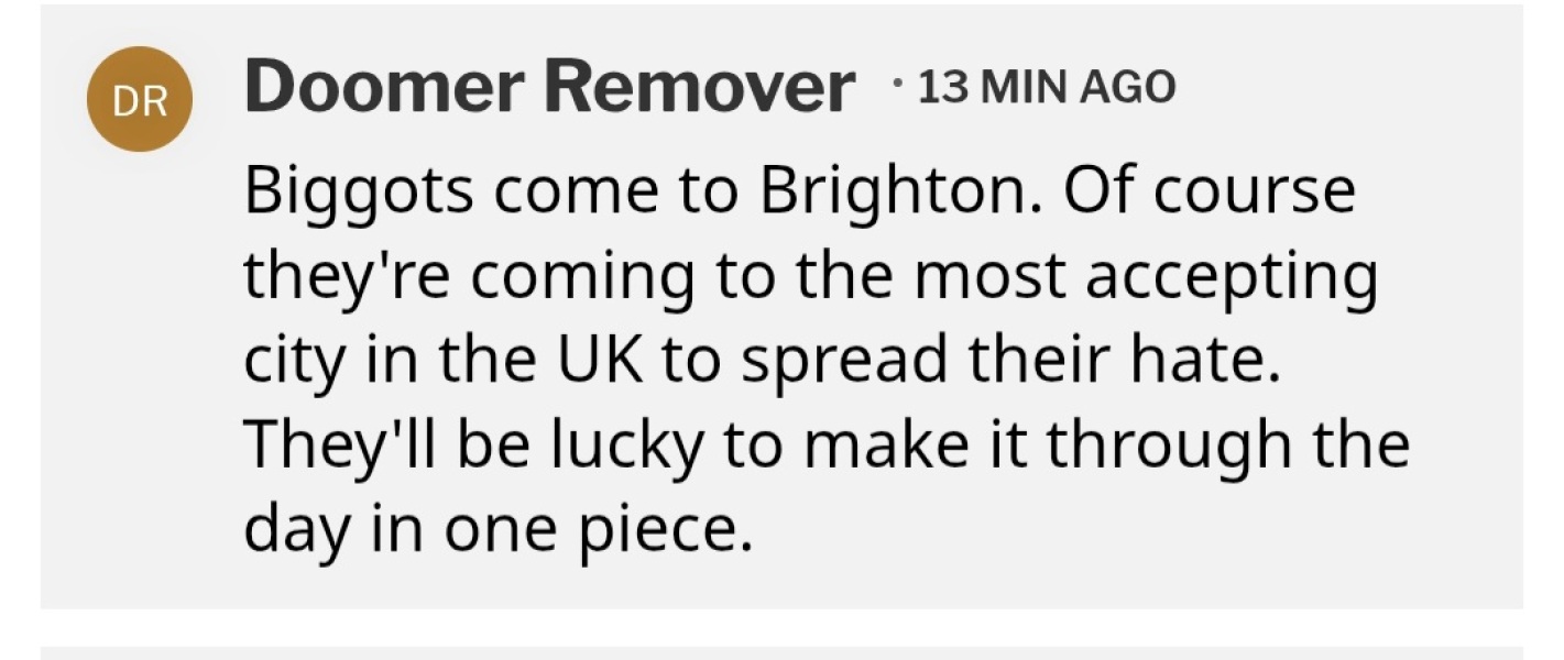 Men in dresses smashed all the windows of the Brighton centre last night because women arranged to meet and discuss their rights