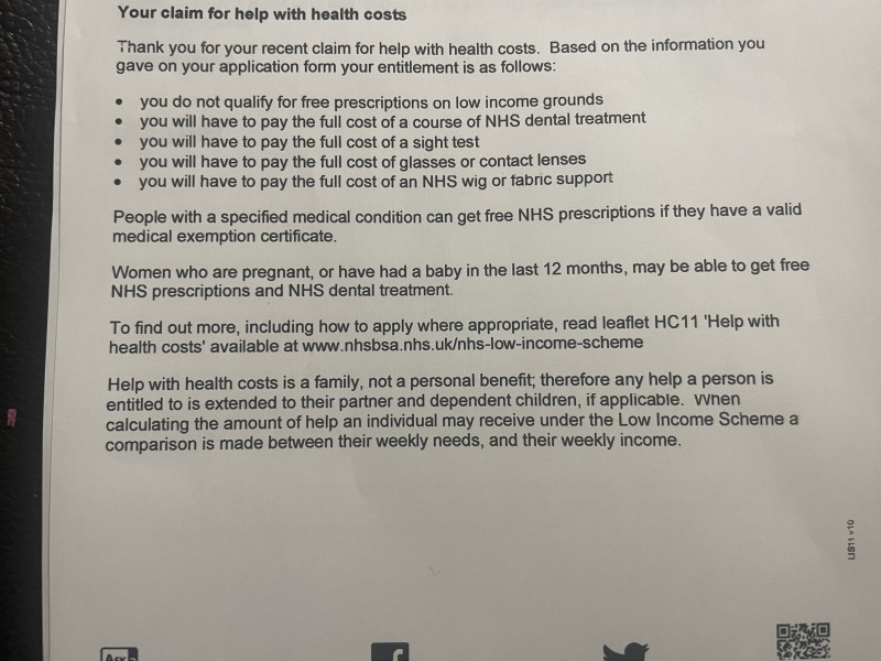 Low income - 16 years old - NHS costs.