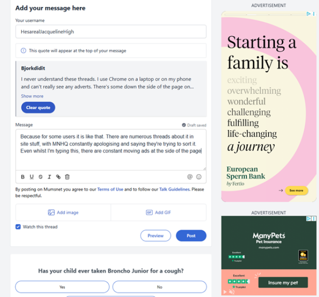 To think the ads on mumsnet are ruining the site