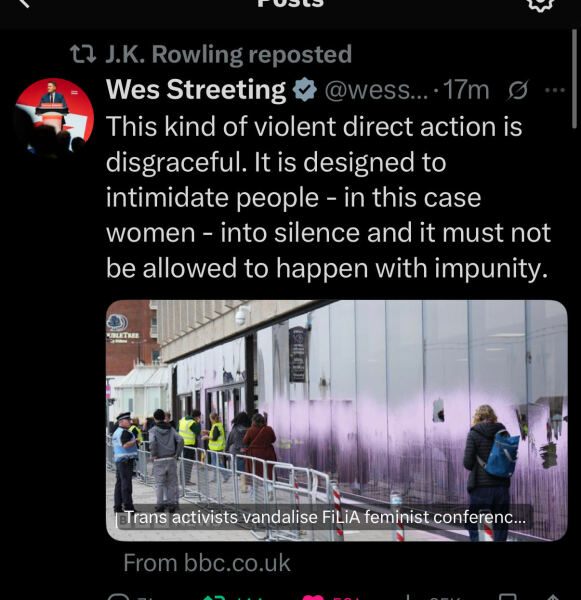 Men in dresses smashed all the windows of the Brighton centre last night because women arranged to meet and discuss their rights