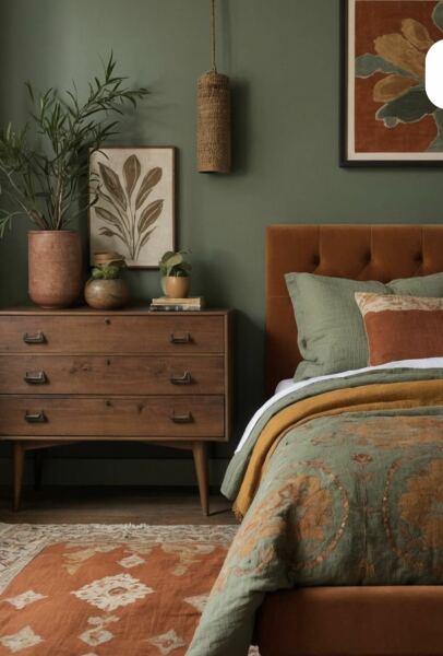 Green bedroom, light carpet?