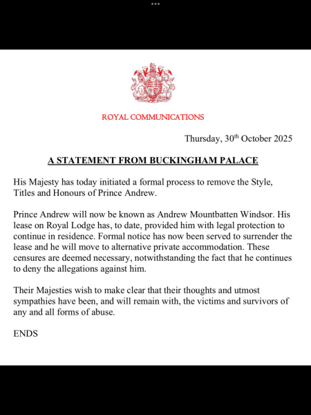 Here we go … Andrew to leave Royal Lodge and lose title