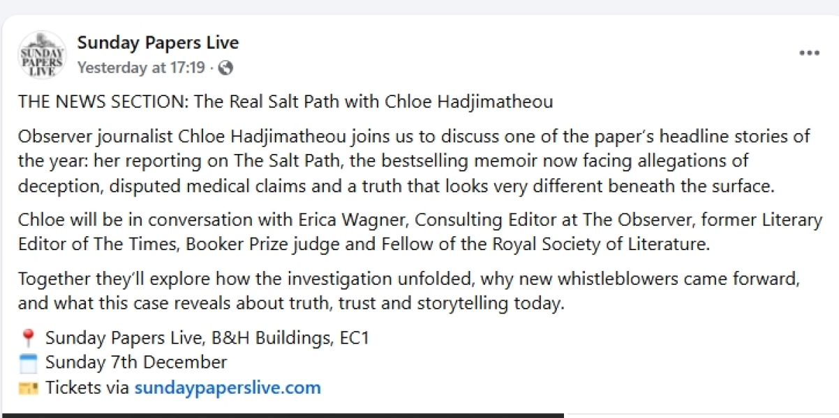 Thread 19: To feel disappointed after reading this in The Observer about the author and her husband from The Salt Path book and film?