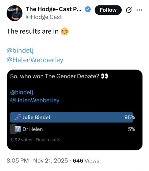 Biology (Bindel) vs Ideology (Webberley) on the Hodge-Cast