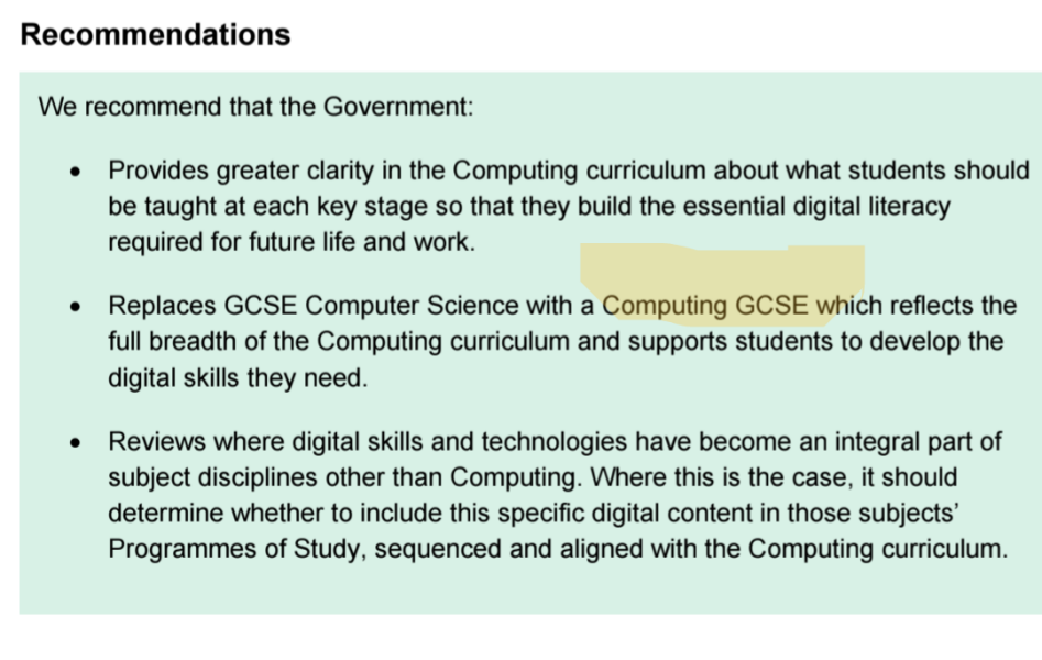 Curriculum review change from GCSE computer science to ICT