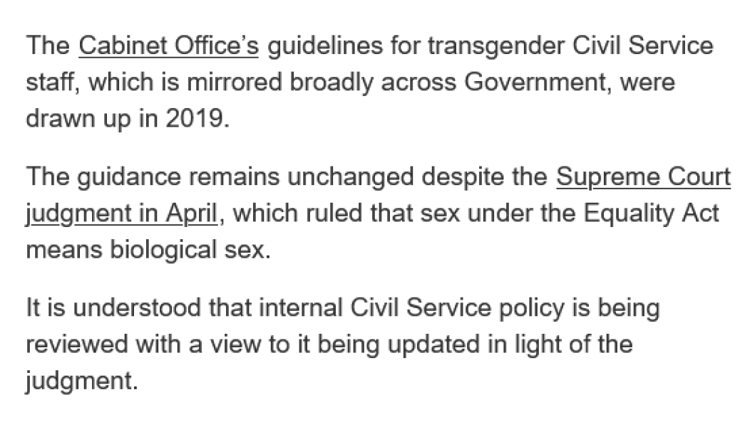 Civil servants should be able to choose ‘appropriate single sex toilets’ for their gender - Cabinet Office guidelines