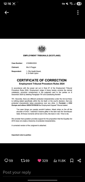 Sandie Peggie vs NHS Fife Health Board and Dr Beth Upton, following Employment Tribunal judgment - thread #58