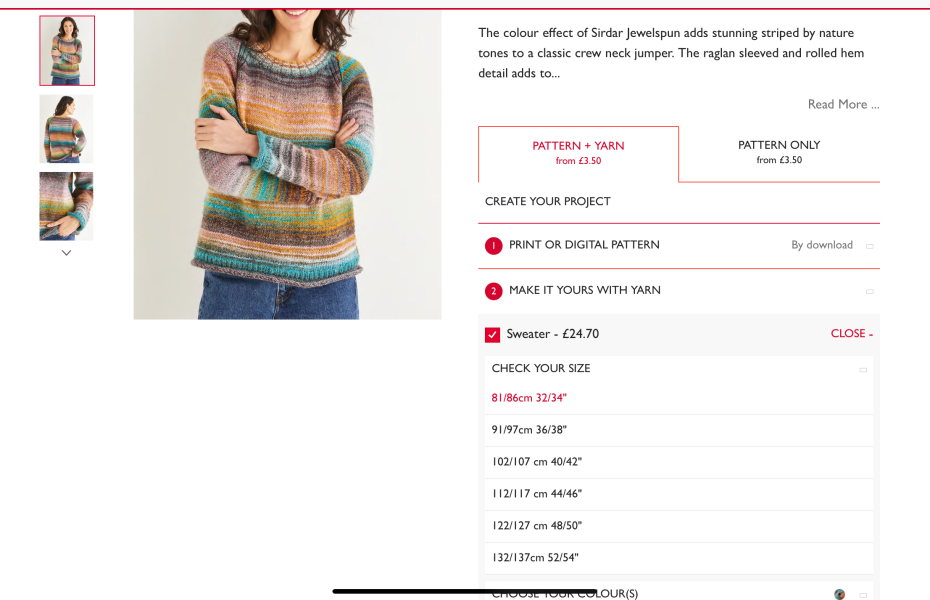 Knitting pattern sizes help