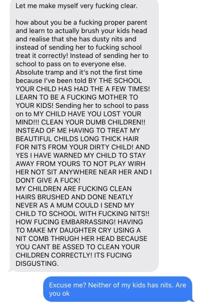 Unhinged text from school mum, wwyd?
