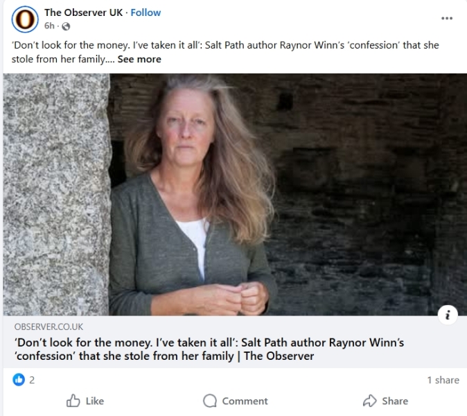 Thread 20 : To feel disappointed after reading this in The Observer about the author and her husband from The Salt Path book and film?