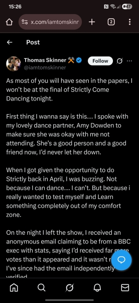 To share this Twitter/X post from Tom Skinner (re his absence from the Strictly final) with you? 🤭