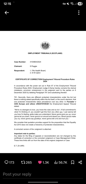 Sandie Peggie vs NHS Fife Health Board and Dr Beth Upton, following Employment Tribunal judgment - thread #58