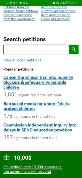 Government Petition against the Streeting Trial of Puberty Blockers on children.