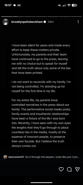 Wow Brooklyn Beckham's statement doesn't hold back!