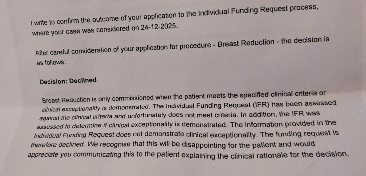 Refused a breast reduction