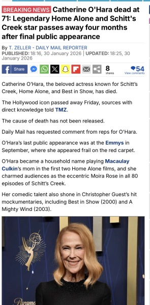 Catherine O’Hara (Moira from Schitts Creek and the Mum from Home Alone) has sadly died