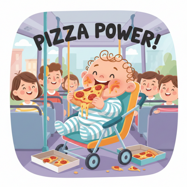 Baby on bus eating pizza!
