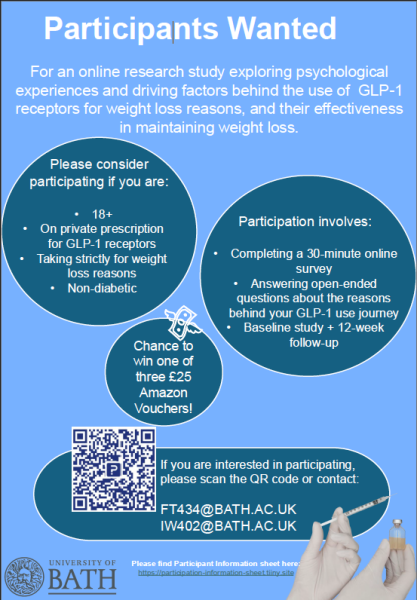 Researchers at the University of Bath are looking for GLP-1 users (weight loss only) for an online study