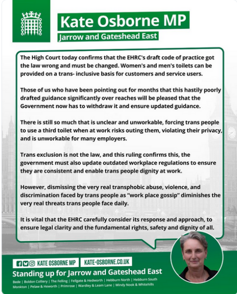 Kate Osborne MP says High Court confirms EHRC got the law wrong!